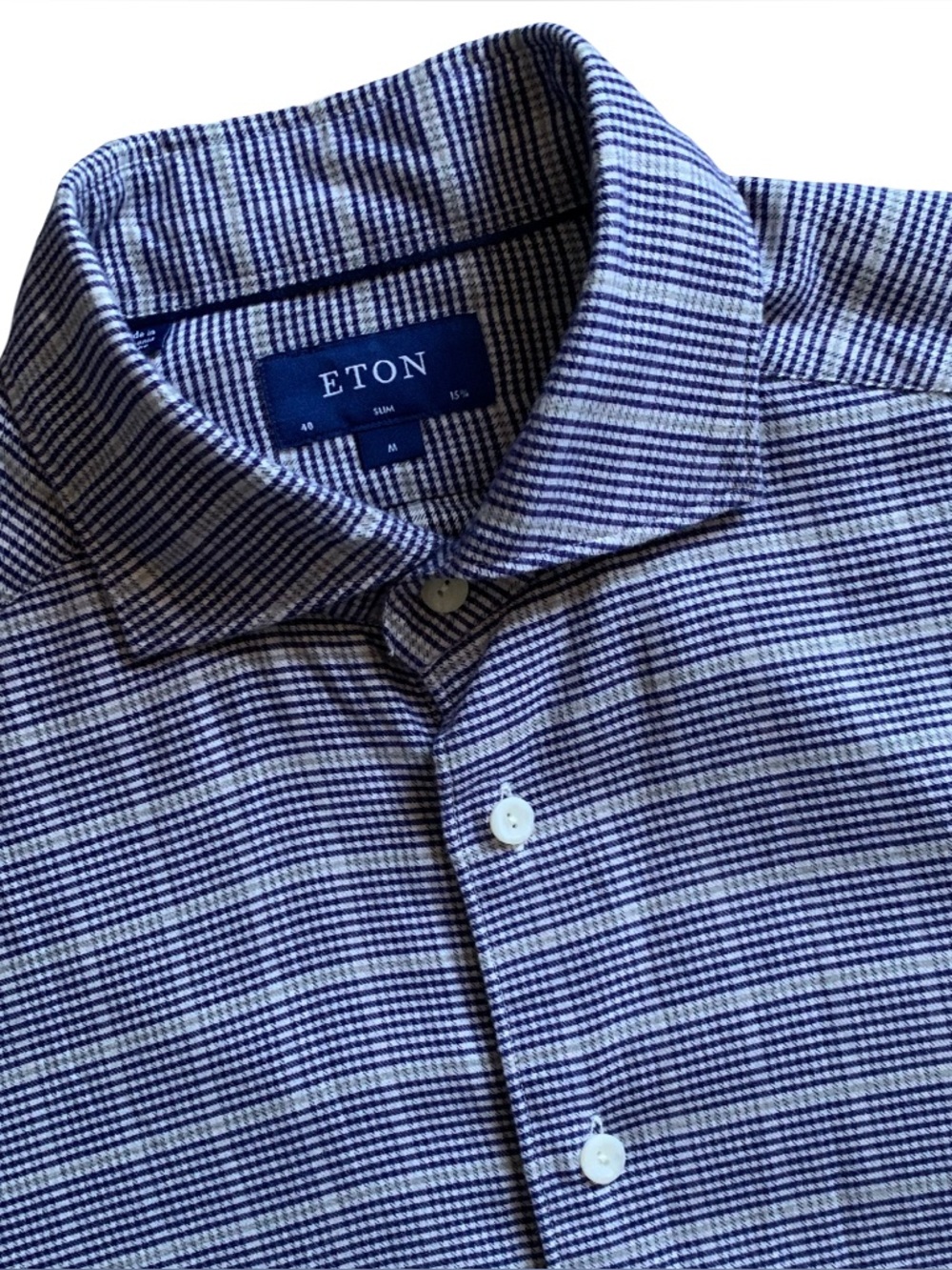 Eton Checkered Slim Button Up Long Sleeve Dress Shirt Navy Size 15, 3/4